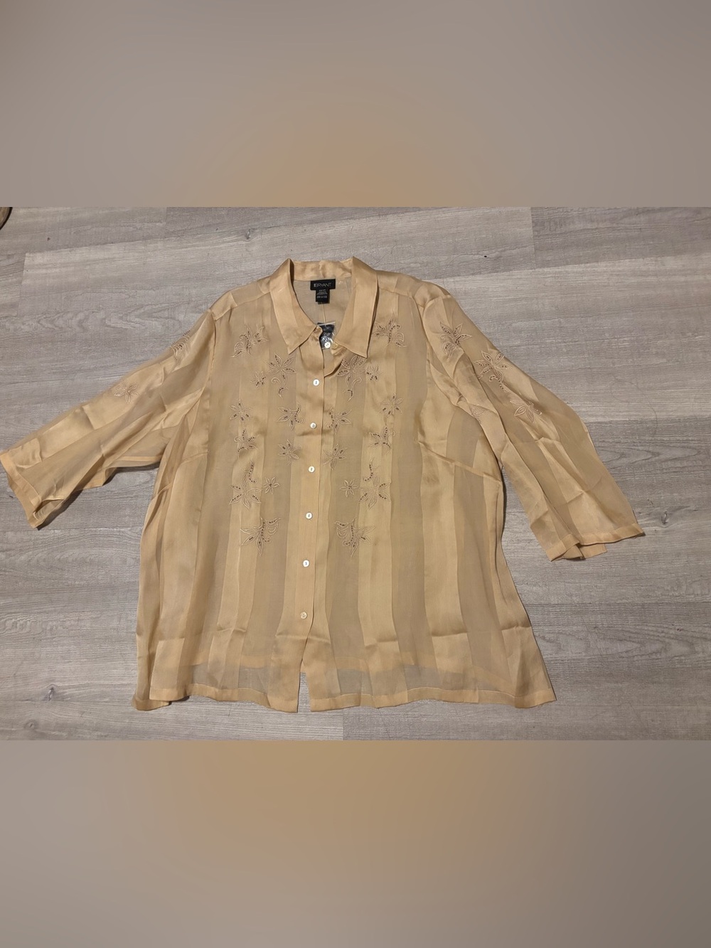 100% Silk Blouse Womens 3x Embroidered Floral Collared Sheer 26/28 Lane Bryant